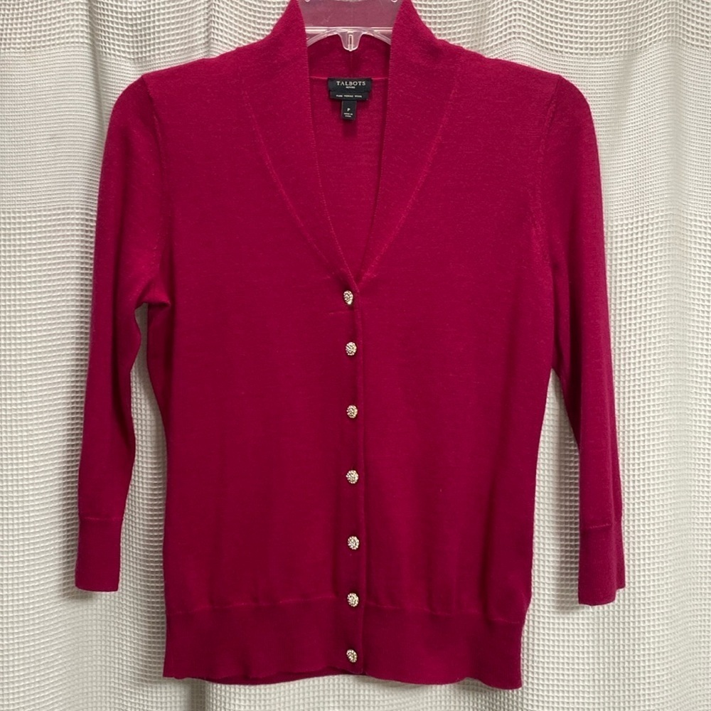 Talbots Fuchsia wool cardigan sweater SZ SP merino wool Rhinestone buttons FLAW